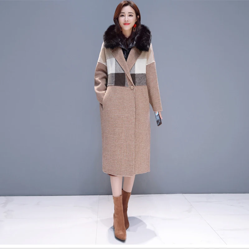 wreeima 2018 women coat Plaid winter warm outwear casual mid- long-coat Pink Single Button loose plus size 2XL wool long | Женская