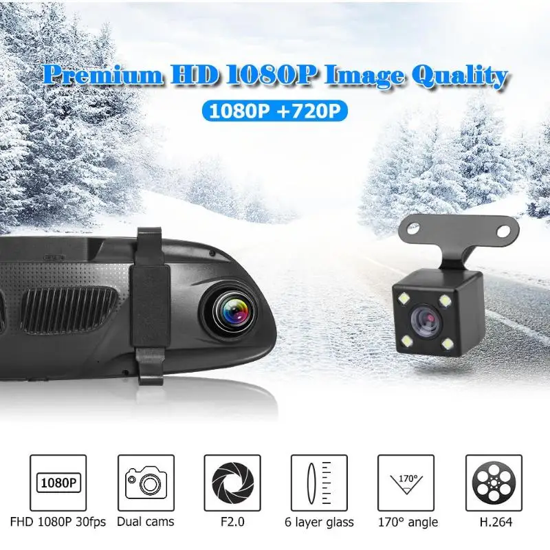 VODOOL, 7 дюймов, HD 1080 P, Автомобильное зеркало заднего вида, видеорегистратор, камера с двумя линзами, сенсорный экран, ночное видение, Автомобильный видеорегистратор, 4 светодиодный