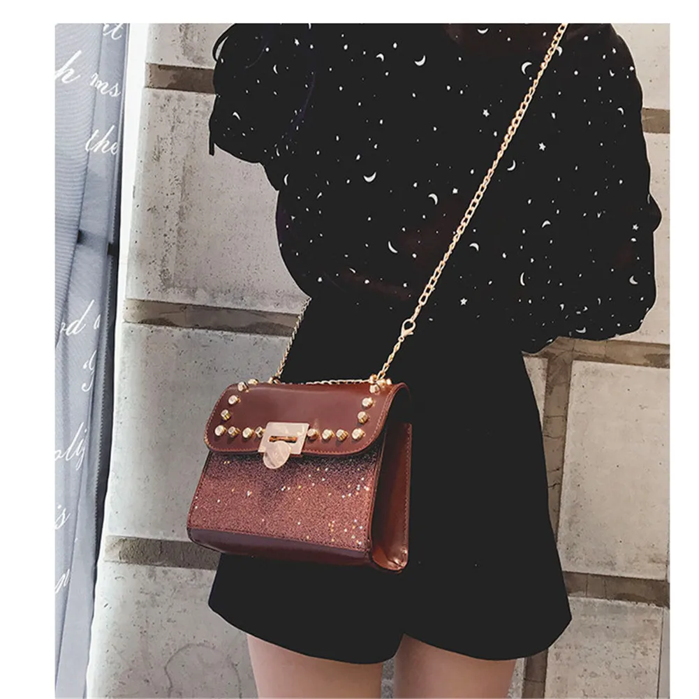 Шикарный Для женщин плечо Cross-body цепи мешок моды заклепки сумка блестка клапаном