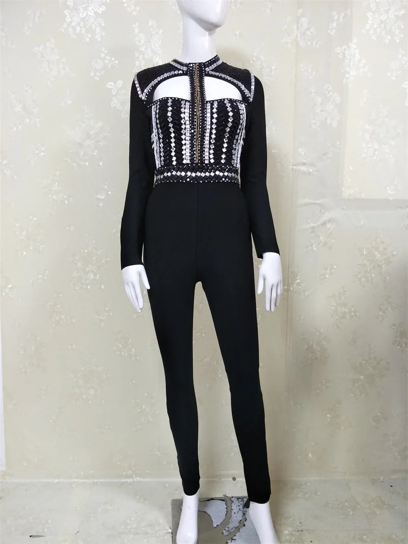 Черные роскошные бандажные Junpsuit с длинными рукавами,, сексуальные, открытые, с бисером, на молнии сзади, длинные женские зимние комбинезоны для подиума, ночного клуба