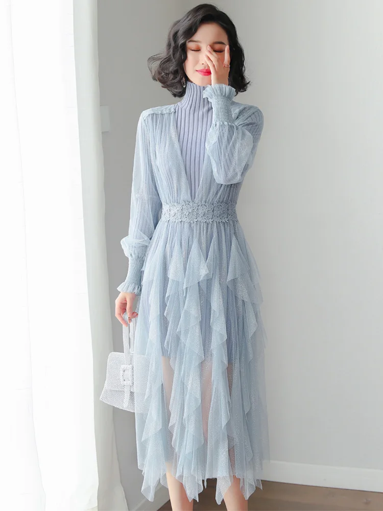 Весеннее платье свитер женская одежда 2020 корейское трикотажное Сетчатое средней