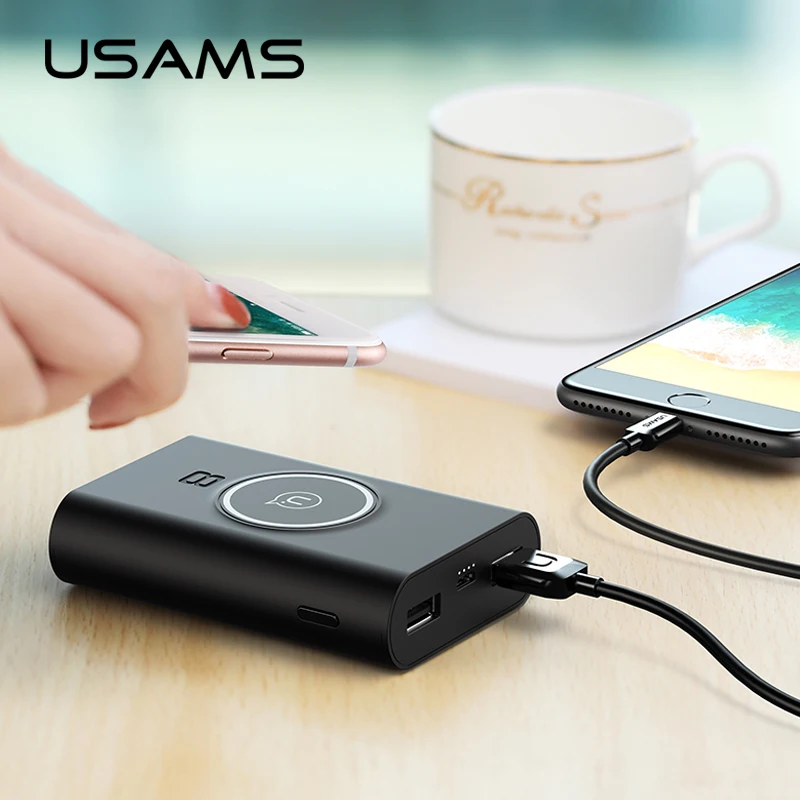 USAMS QI Беспроводной Зарядное устройство и Мощность Bank Dual Порты usb 8000 мАч 5 Вт Pad