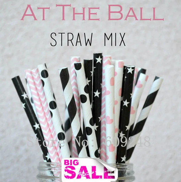 

125pcs Mixed Colors At the Ball Party Paper Straws,Light Pink Chevron,Heart,Black Stripe,Polka Dot and Star,Vintage,Craft,Bulk