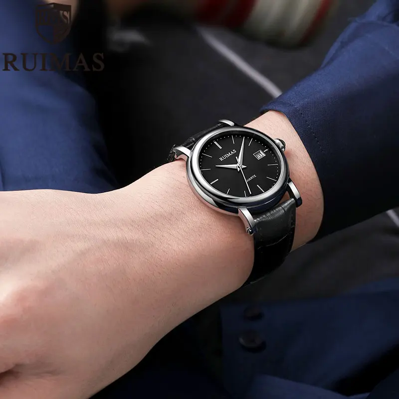 Мужские часы с кожаным ремешком Ruimas reloj hombre водонепроницаемые повседневные