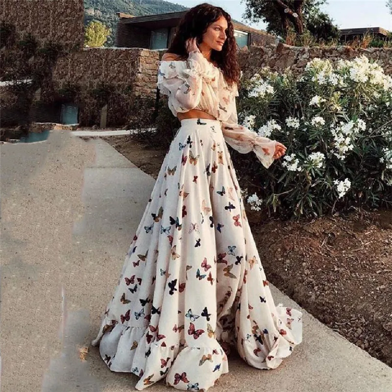 2018 Women Autumn Spring Sexy Print Dress Party Vintage Elegant Casual Fashion White Maxi and Tops Plus Size 2pcs/set | Женская одежда