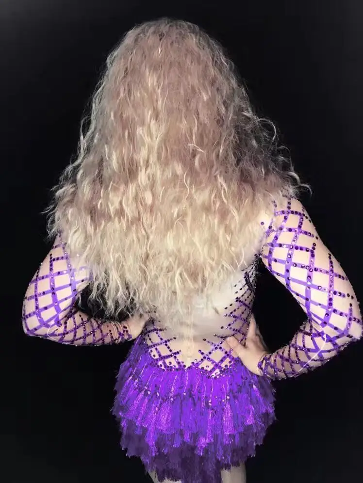 Women New Sexy Purple Tassel Crystals Bodysuit Outfit Party Costumes Stage Wear Dance Nightclub Singer Rhinestone Bodysuit