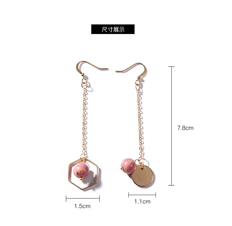 

Pink Stone Bead Hexagon & Round Slice Chain Asymmetrical Golden Dangle Earrings Women Drop Earrings
