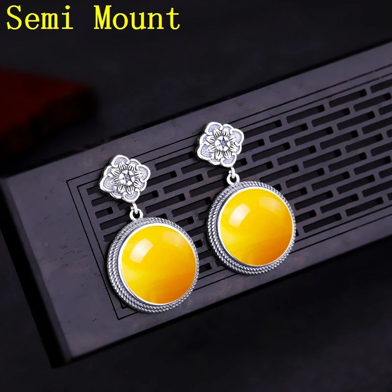 925 Sterling Silver 13x13mm Round Cabochon Semi Mount Stud Earrings Art Deco Vintage Women fit Turquoise Amber Setting | Украшения и