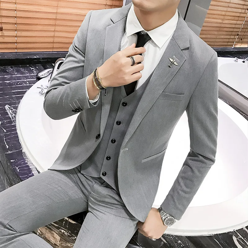 

Trajes De Hombre 2019 Solid Color Business Casual Suit Male British Style Slim Groomsmen Wedding Dress