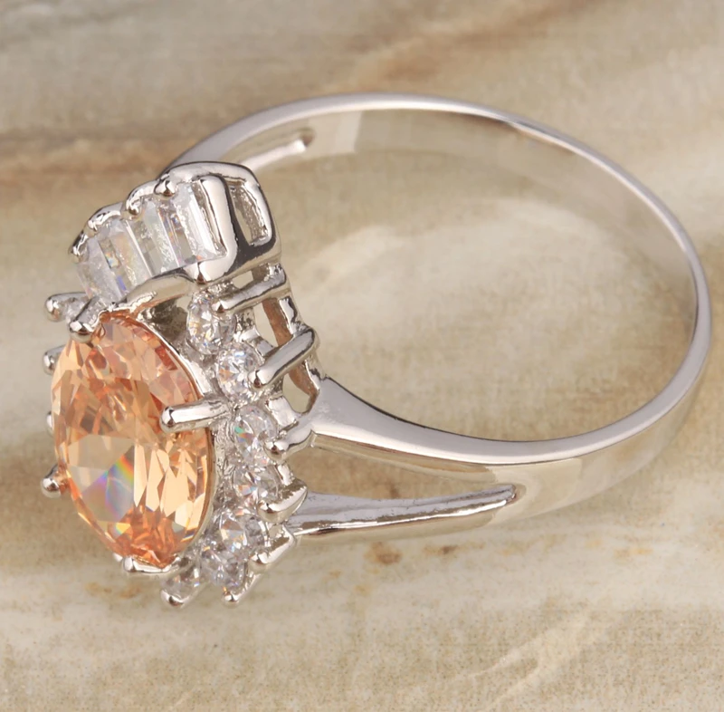 Luxurious Champagne Zircon Movable Gems Morganite Silver Plated Argent Solitaire Ring Size 6 / 7 8 9 S1359 | Украшения и