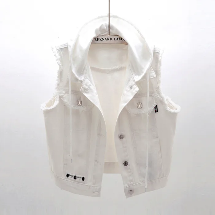 Белый Белый джинсовый женский жилет с капюшоном, Осенний жилет Veste Femme, повседневные короткие джинсовые куртки без рукавов, однобортные Пальто Colete Feminino - Цвет: Белый