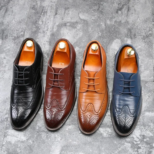 New Men Oxford Genuine Leather Dress Shoes Brogue Lace Up Flats Male Casual Shoes Black Brown Size 38-48
