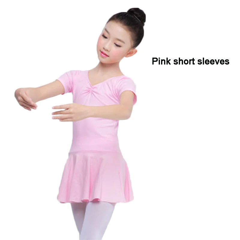 Pink short sleeves Детский танцевальный костюм Весенняя детская юбка балетная Одежда с бантом женский длинный/короткий рукав танцевальный костюм для тренировок - Цвет: Pink short sleeves