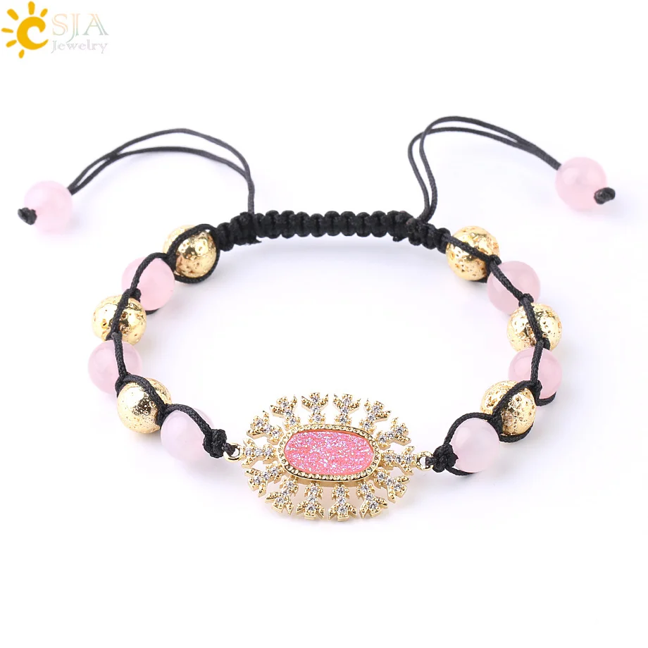 Женский плетеный браслет CSJA из натурального камня золотого цвета с бусинами