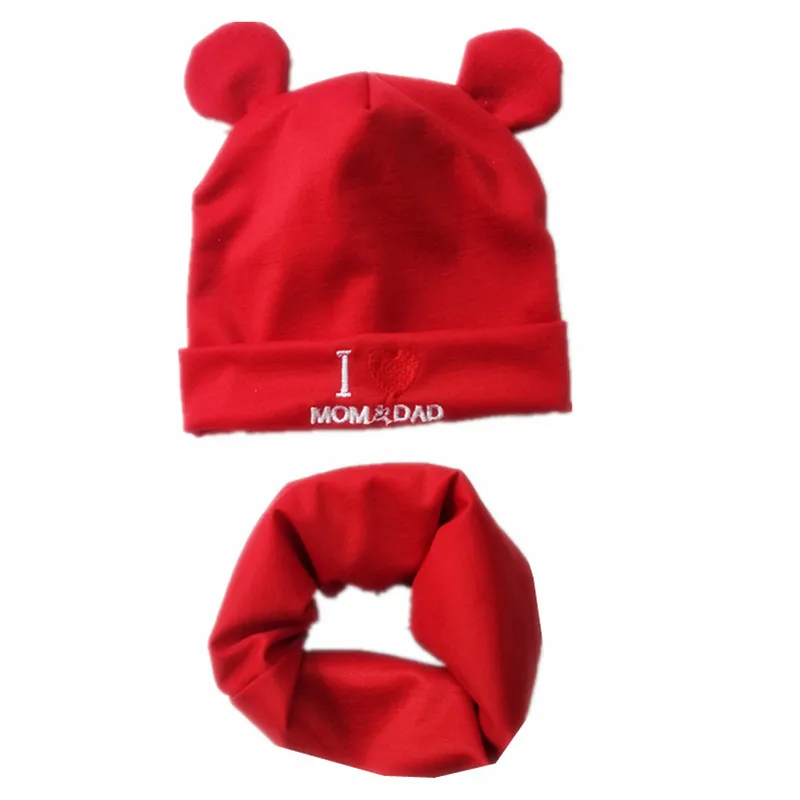 red mama Новая детская шапка с милыми ушками, хлопковый комплект, шапка и шарф, детские шапки для девочек и мальчиков, детская шапка, шарф, воротники, осенне-зимняя детская теплая шапка - Цвет: red mama