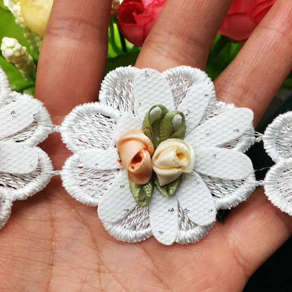 Вышитая роза 2 ярда аппликация с кружевной отделкой Обрезка ленты ручная работа