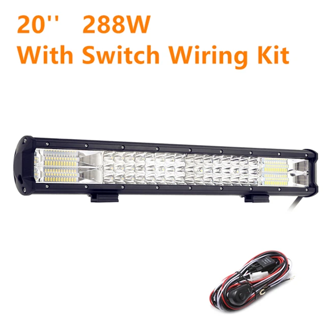 288W With Wire Kit 20 дюймов 288 Вт три ряда светодиодный рабочий светильник бар для бездорожья, дальний, комбинированный, противотуманный свет 12v 24v DC для грузовиков, внедорожников, квадроциклов, наводненных 4WD 4x4 светодиодный автомобильный светильник бар - Цвет: 288W With Wire Kit