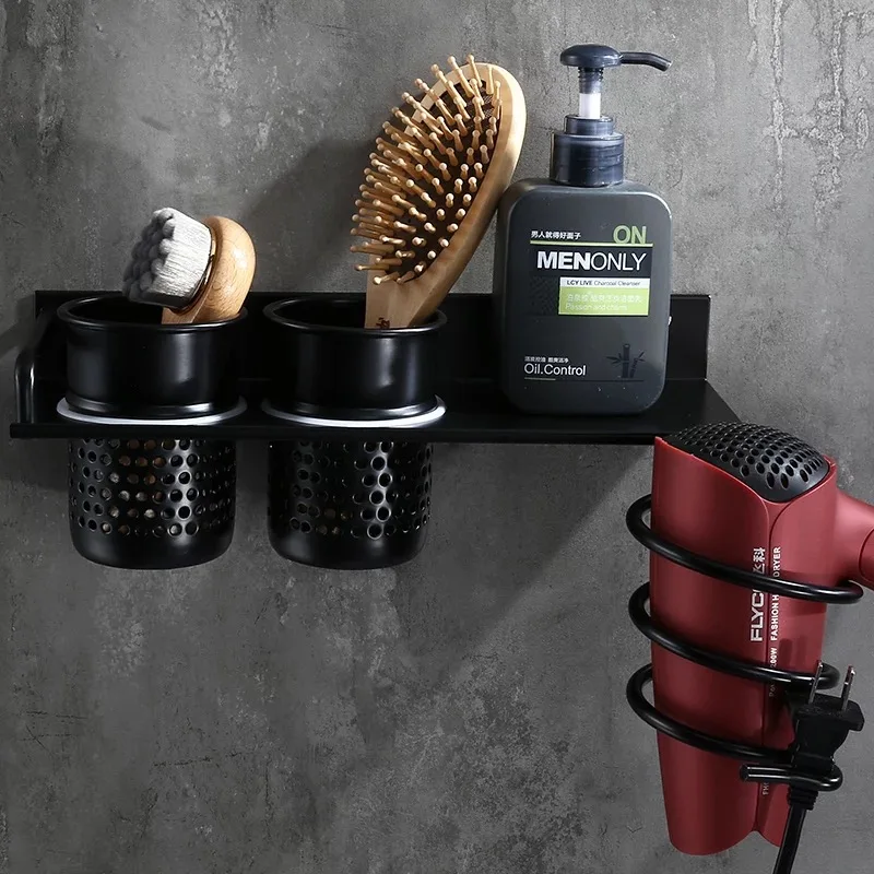 Стойка для фена MJ596 черная алюминиевая полка с чашкой бытовой держатель