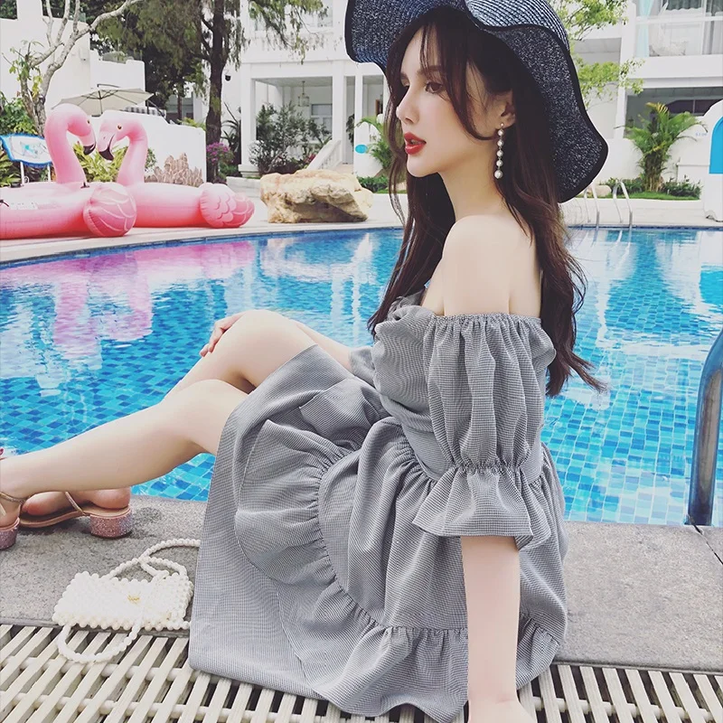 Fashion Women Plaid New Dress Slash Neck Off Shoulder Blackless Sexy Ruffles Draped Mini Clothes 2019 Summer | Женская одежда
