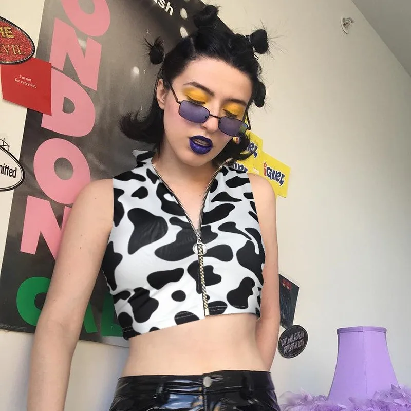 Корова узор Zipper Crop топ жилет Для женщин High Street без рукавов приталенная уличная