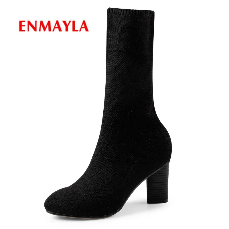 Женские трикотажные полусапожки ENMAYLA с круглым носком на квадратном каблуке