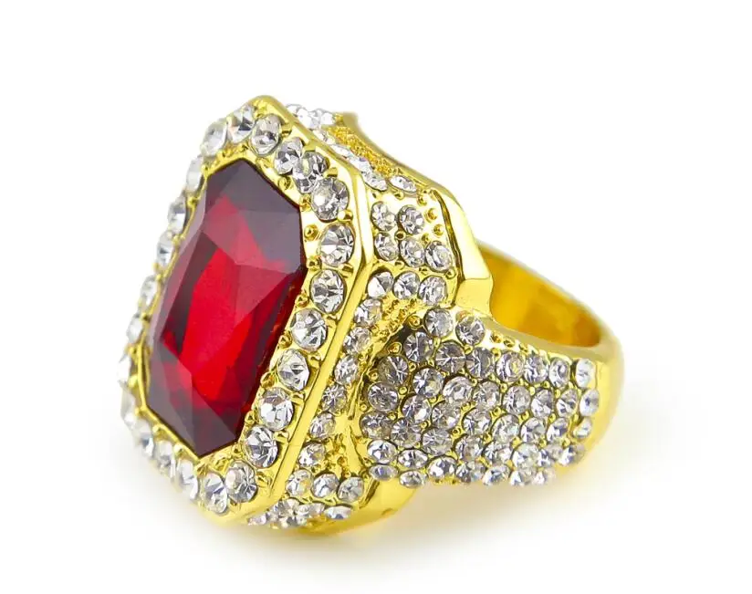 Мужские золотые цвета хип-хоп Iced Red Изумрудное кольцо размер роскошное женское кольцо Мужская мода палец Bling кольцо в стиле хип-хоп - Цвет основного камня: gold red ruby