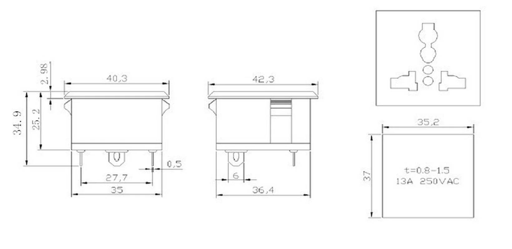 Шасси гнездовой 3 контактный универсальный Встроенный адаптер для розетки