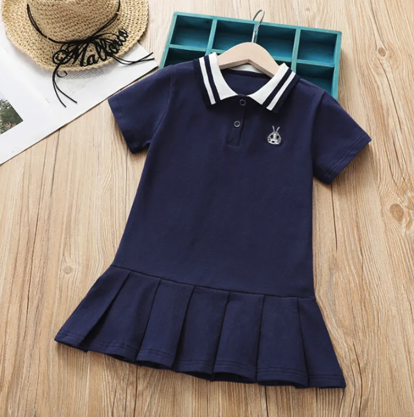 navy blue Новое платье для девочек Хлопковые Платья для малышей плиссированное платье для маленьких девочек детская одежда теннисное платье с отложным воротником для девочек От 1 до 10 лет - Цвет: navy blue