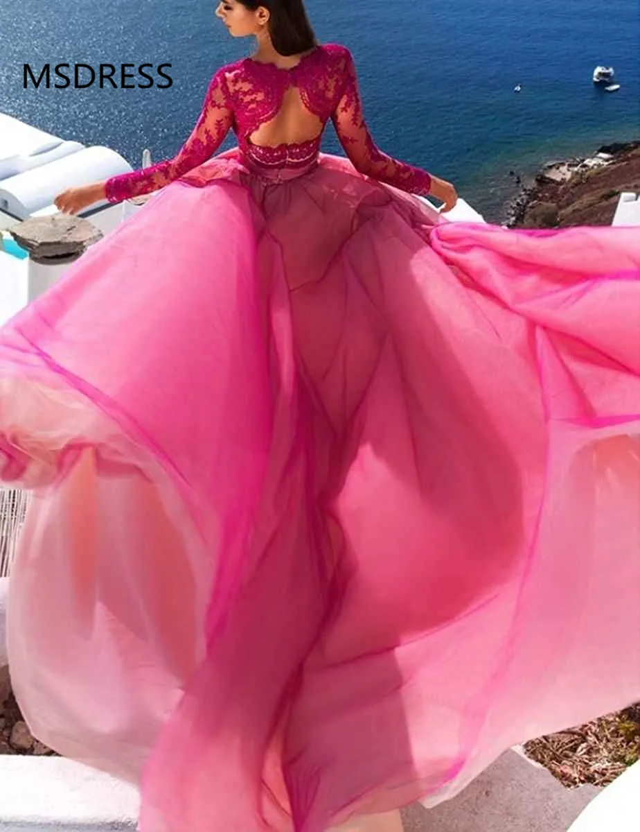 Новинка 2019 ярко розовые кружевные платья с длинными рукавами из двух частей для