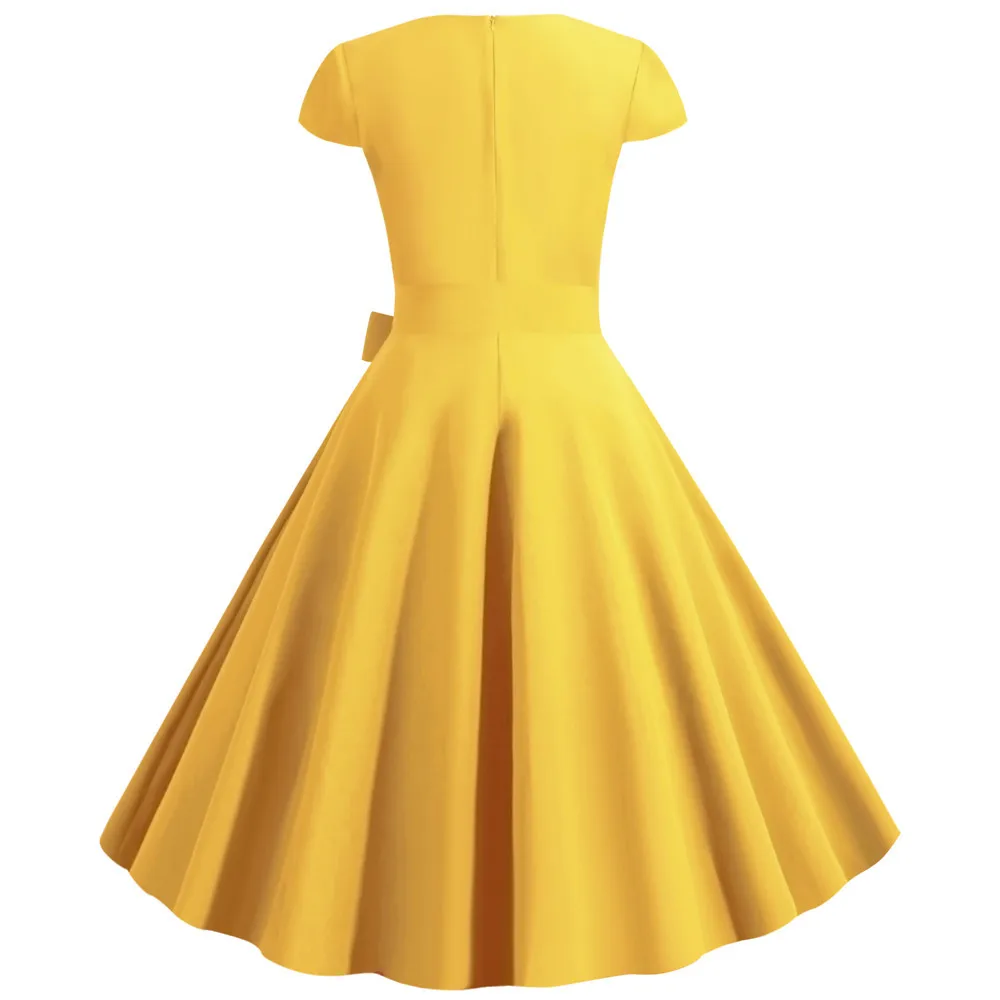 Однотонное летнее женское винтажное платье Pinup с коротким рукавом, элегантные офисные женские вечерние платья в стиле рокабилли, трапециевидные повседневные платья