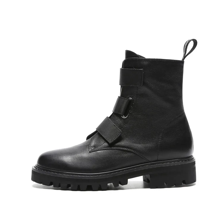 MLJUESE/женские ботильоны из коровьей кожи на застежке липучке черные теплые зимние