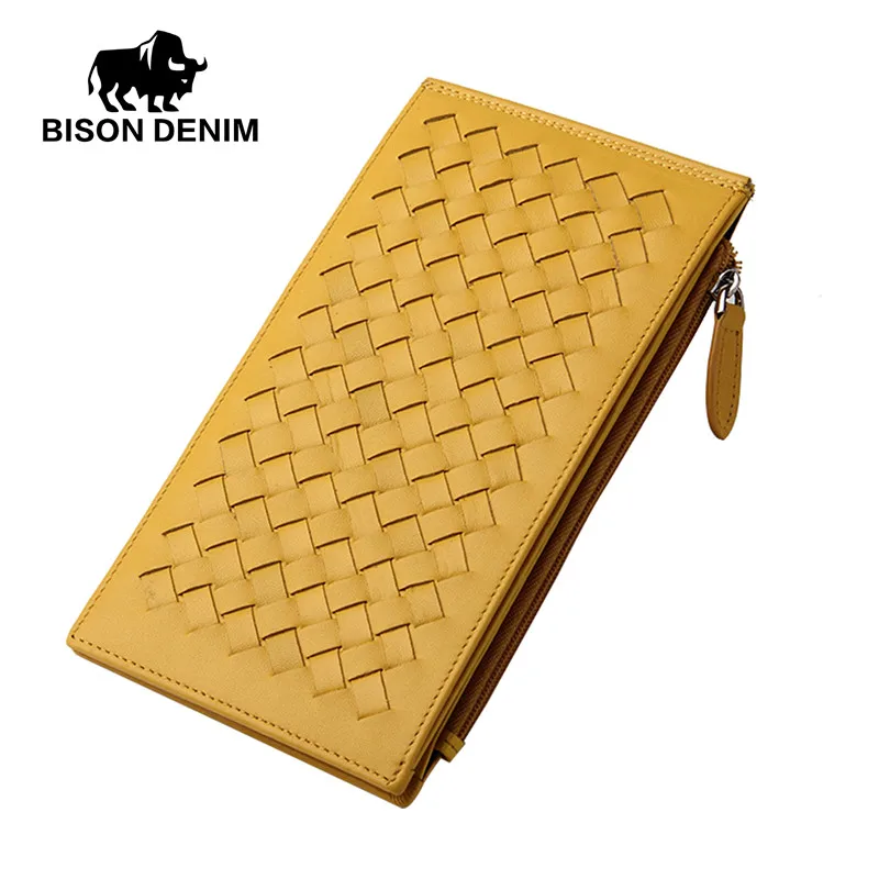 BISON DENIM, женские кошельки из воловьей кожи, на молнии, дизайнерский держатель для карт, кошелек, Женский тканый Кошелек для монет, portefeuille femme N9303 - Цвет: yellow