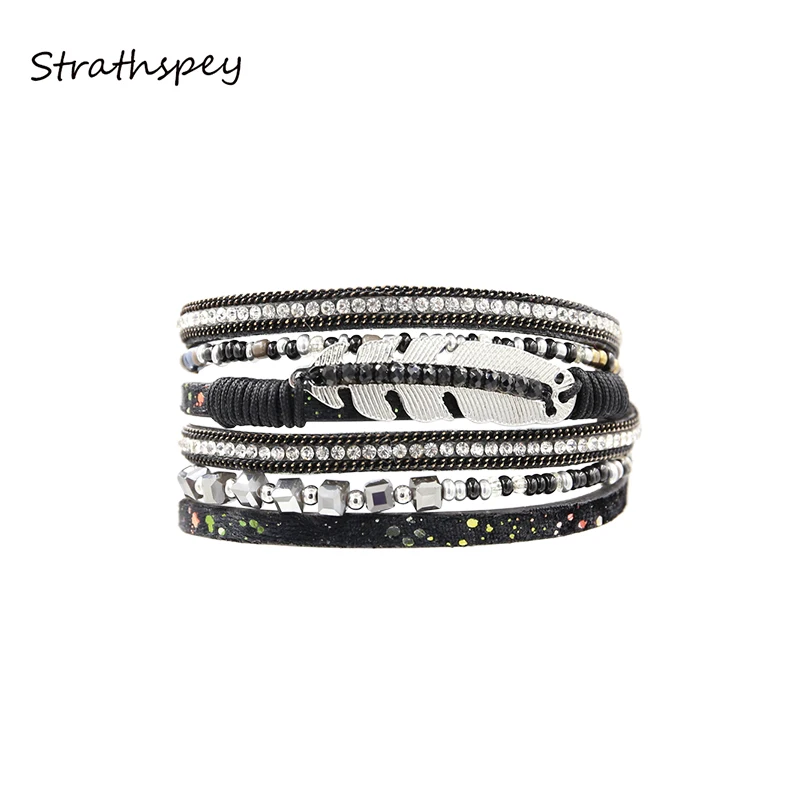 STRATHSPEY сплав перо Лист широкий Магнитный кожаный Rhinetsone Браслеты И Многослойные