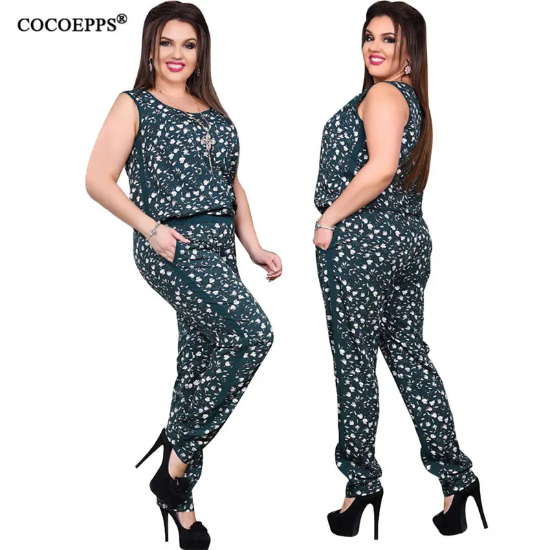 5XL 6XL Plus Size Casual Women Jumpsuit Summer Flower print Sleeveless Romper Big Large Size Jumpsuit Fashion Long Jumpsuit