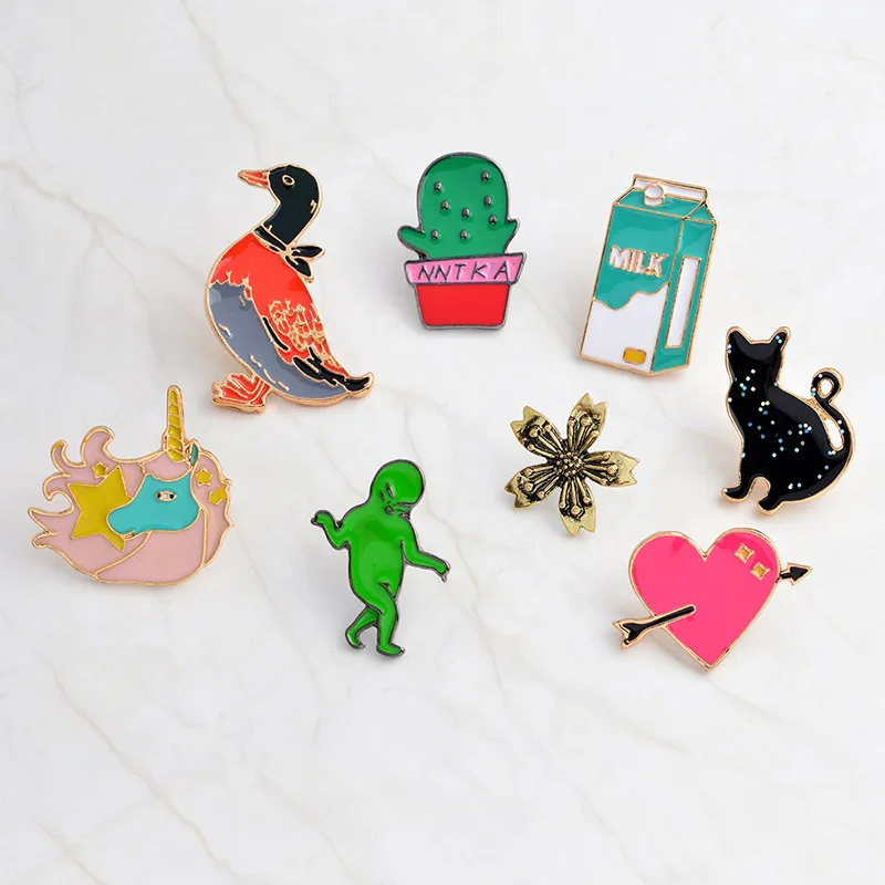 Мультфильм молоко Единорог Черный кот брошь утка любовь джинсы куртка Броши Meatl