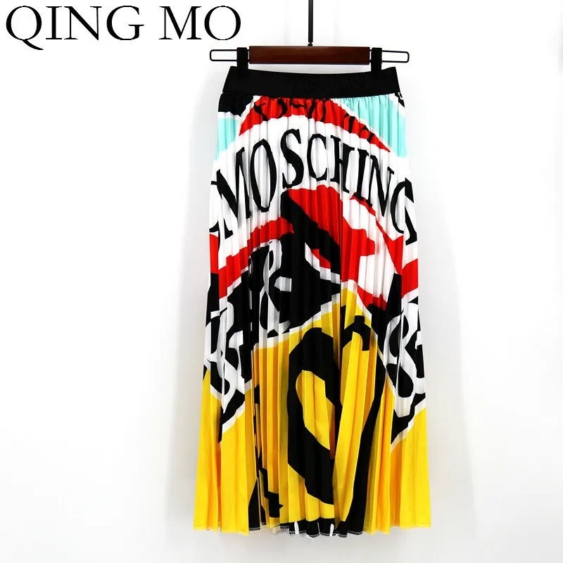 QING MO, новинка, Длинная женская юбка с буквенным принтом, нестандартная цветная юбка, Женская эластичная трапециевидная юбка с высокой талией, ZQY832