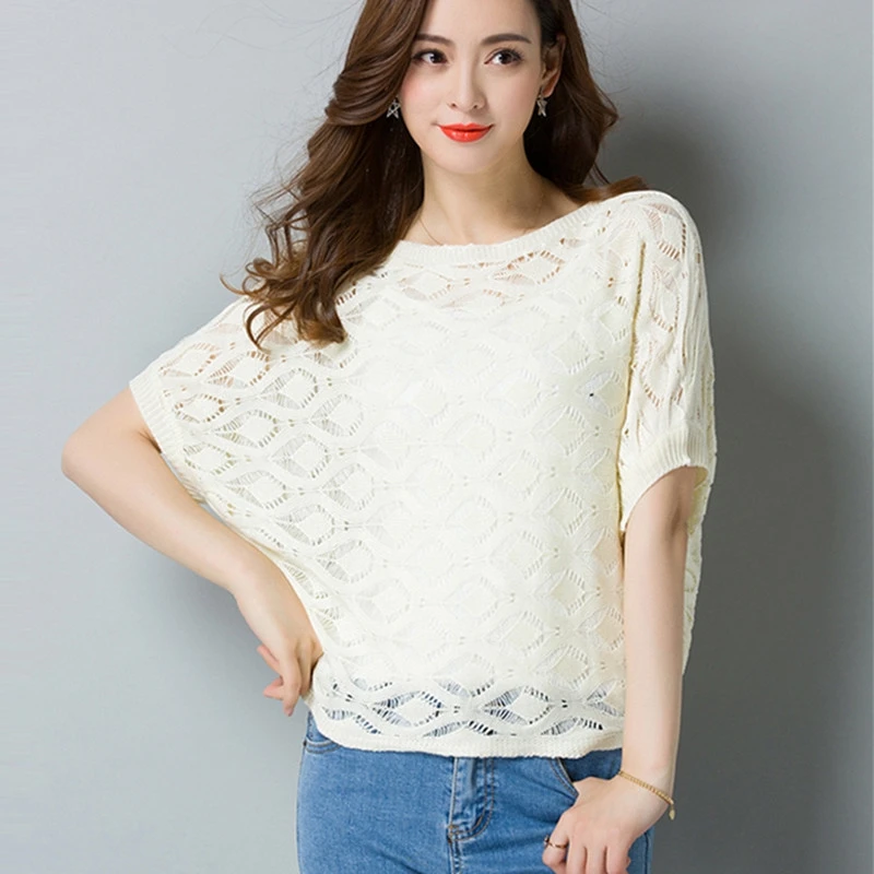 

Women Knit T Shirt Hollow Loose Bat Sleeve Ice Silk 2pcs Shirt with Vest
