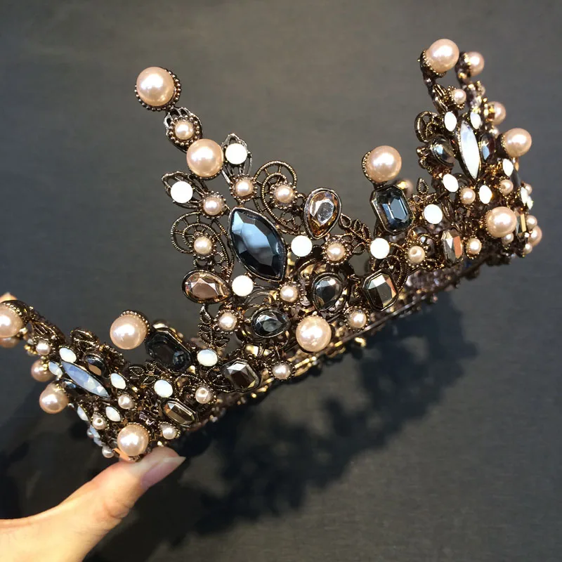 Vintage Baroque Large Tiara Bridal Crown Imitation Pearls Royal Diadems Full Round European Wedding Tiaras Bronze Black Crowns | Украшения