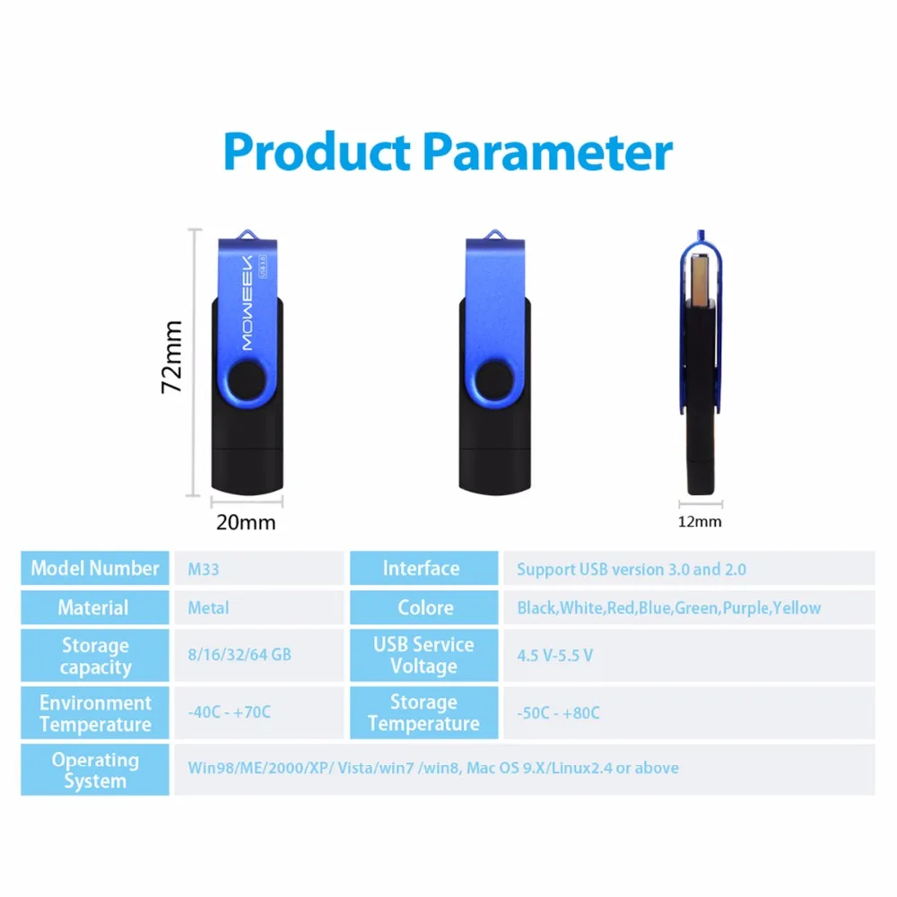 Moweek модный OTG флеш накопитель 128 ГБ USB3.0 32 Гб 16 металлическая Флешка 8 вращающаяся