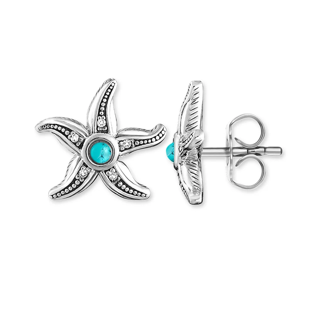 Серьги пусеты с серебряным и зеленым цирконием серьги в виде морских звезд