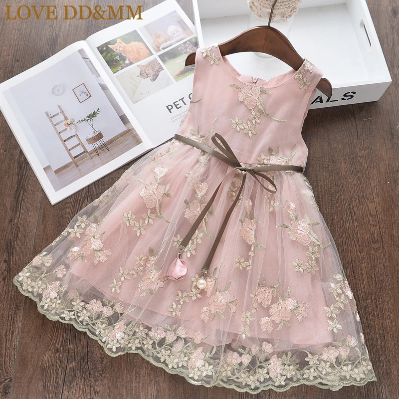 LOVE DD& MM/платья для девочек коллекция года, новая летняя детская одежда милая Цветочная вышивальная сетка для девочек, платье-майка с кружевным поясом