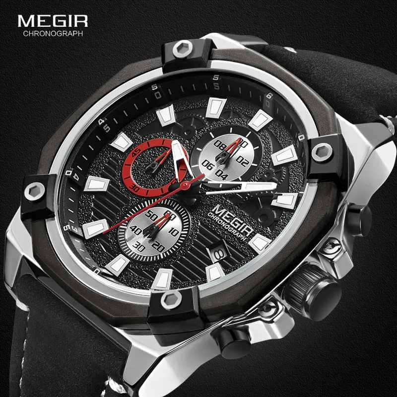 Мужские наручные часы Megir аналоговые кварцевые с хронографом кожаным ремешком