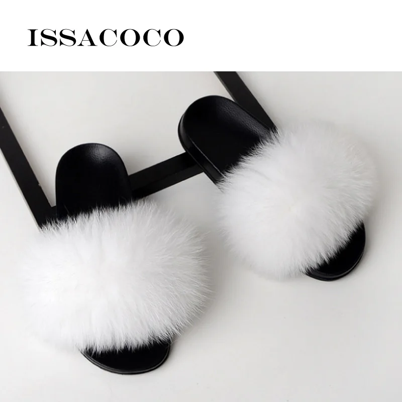 White ISSACOCO/женские пушистые тапочки; женские милые плюшевые пушистые тапочки с лисьим мехом; женские меховые тапочки; зимние теплые тапочки для женщин - Color: White