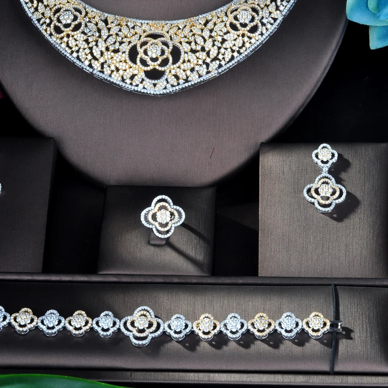 ?? HIBRIDE 最新デザイン 4 本フルマイクロキュービックジルコニア女性ウェディングドレスチョーカーネックレスイヤリングジュエリーセットウェディング N-862
