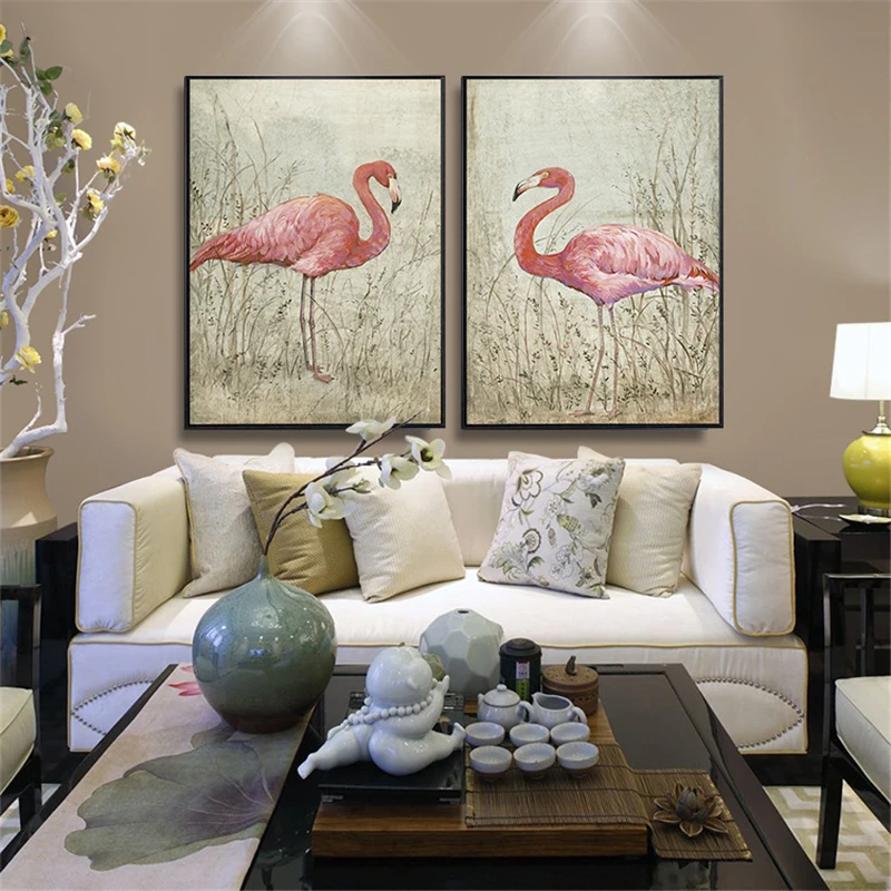 

Картина без рамки HAOCHU в стиле ретро, животное, фламинго, Розовое перо, картина маслом на холсте, скандинавский декор, настенный постер для дома C