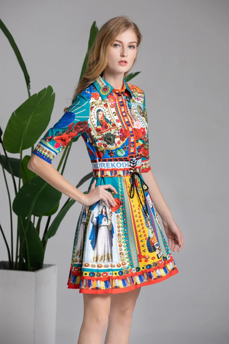 Миланское женское подиумное платье с отложным воротником коротким рукавом