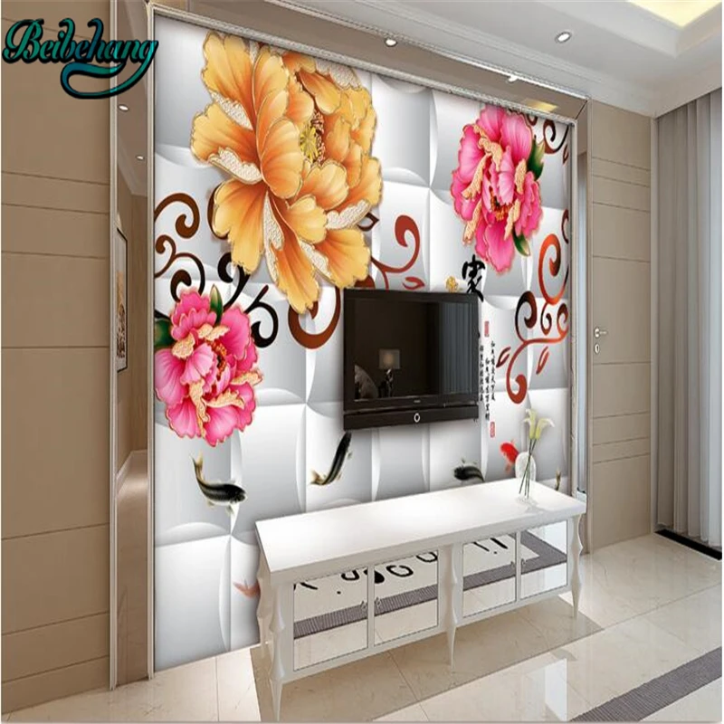 

beibehang Box soft bag Peony nine fish lounge sofa wall background wall custom wallpaper fresco decoration
