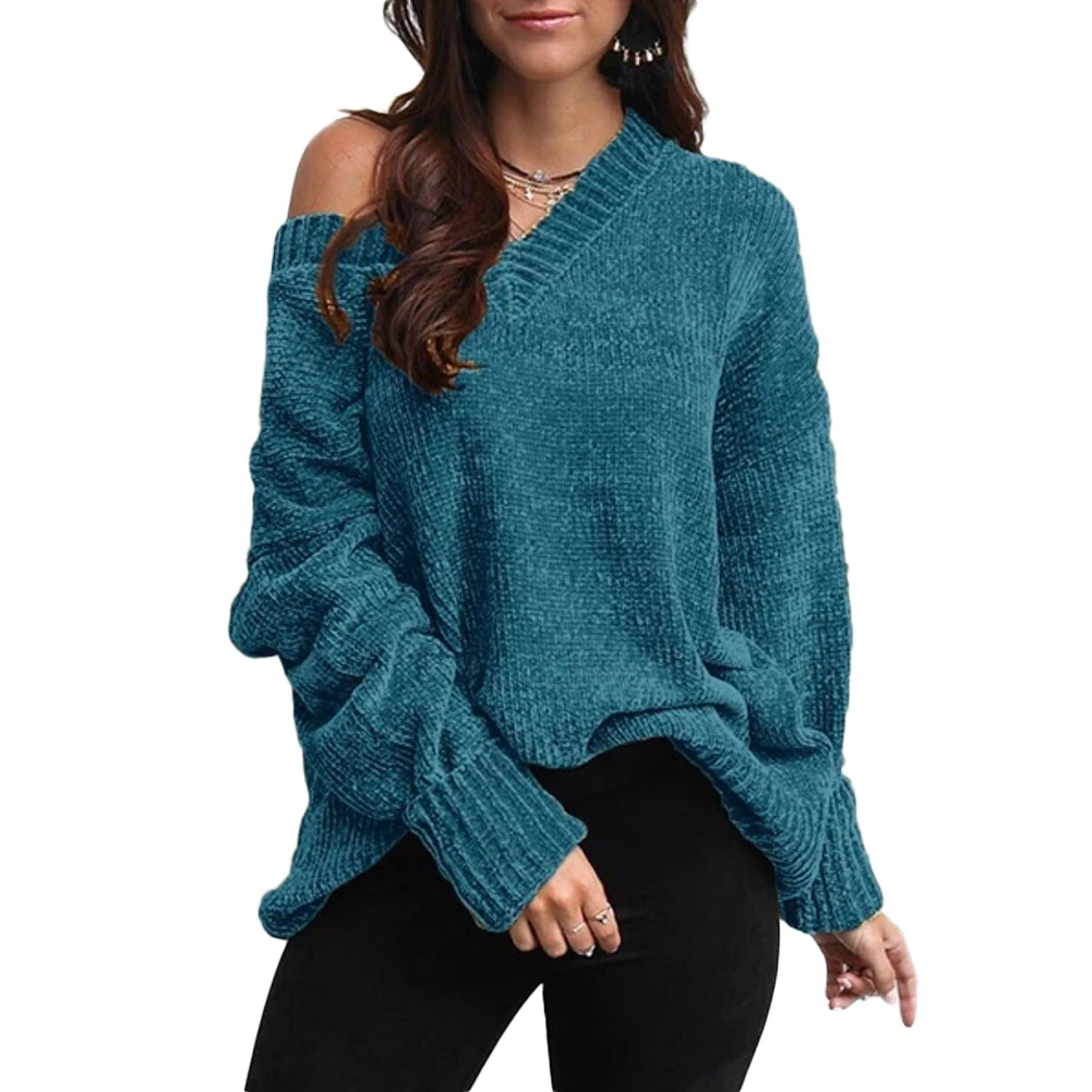 Зимние теплые женские свободные одно плечо V шеи сплошной цвет с длинным рукавом