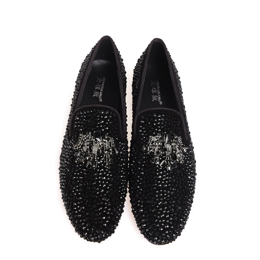 New Fashion Black crystal Handmade Genuine Leather Man Shoes Wedding and Party Loafers Men Flats size 39-47 Free shipping | Обувь