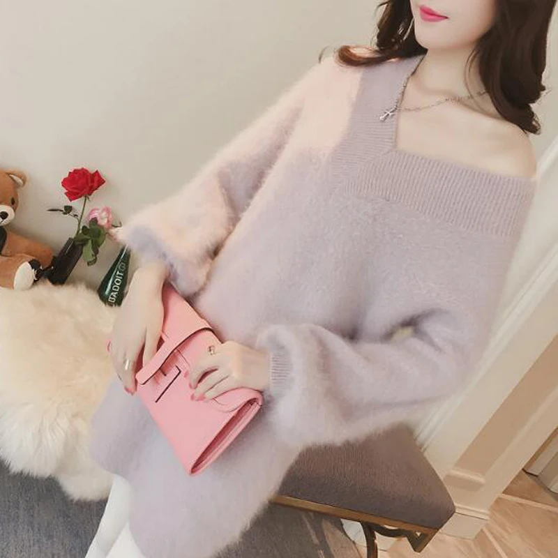 Women Natural Mink Cashmere Sweater Dress V Neck Sexy Long Pullover for lady spring Pink ksr537 | Женская одежда